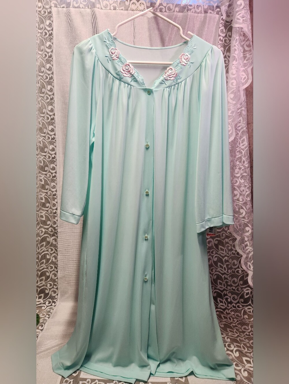 NWT Vintage Shadowline Long Button Front Nightgown Robe Seafoam Mint Green